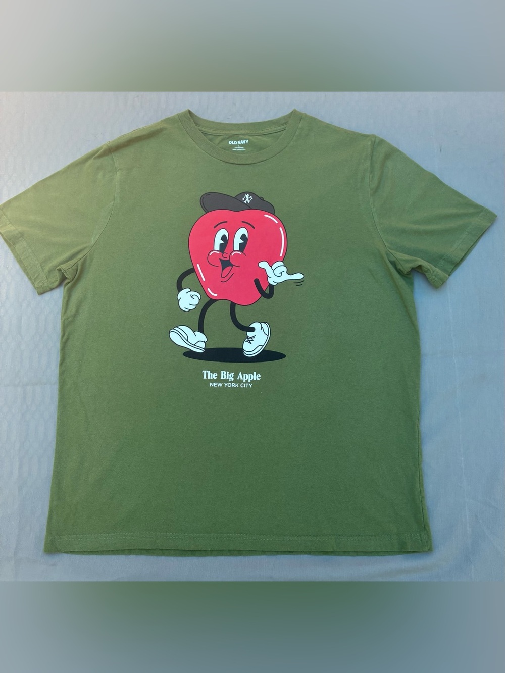 Old Navy Olive Green Tee with Red Cartoon Apple Graphic